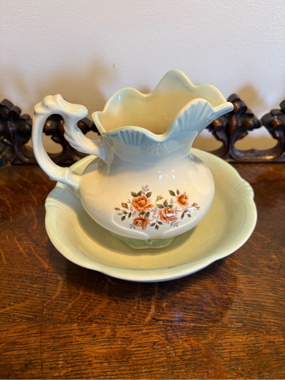Hand-Painted Ceramic Pitcher and Basin in Pale Blue with Orange Rose Motif